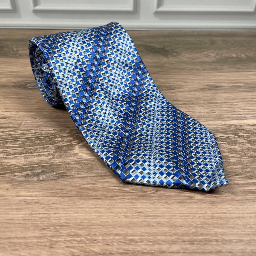 Geoffrey Beene Blue Geometric Squares 100% Silk  Men's Necktie